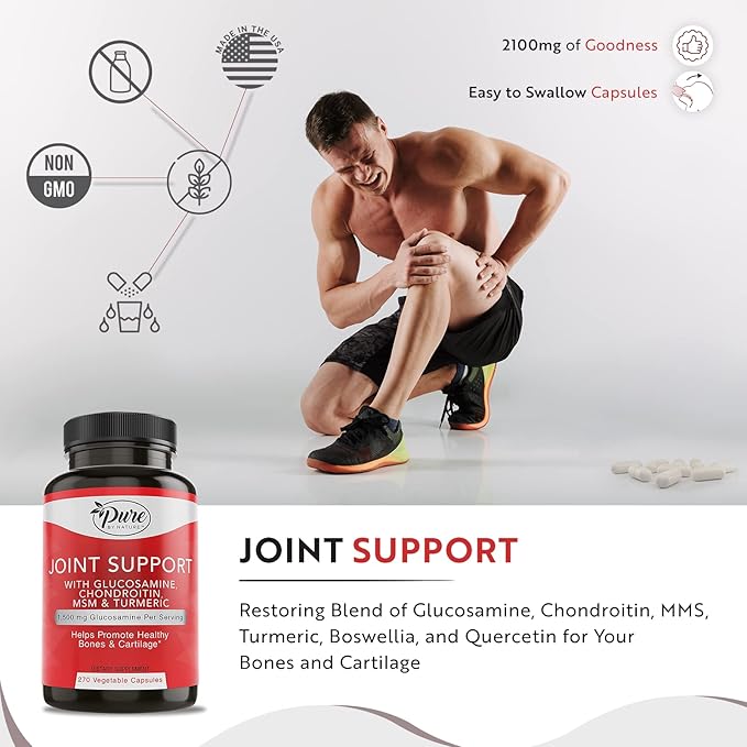 Pure By Nature Joint Support, Glucosamine with Chondroitin Turmeric MSM Boswellia Supplement, 270 Capsules
