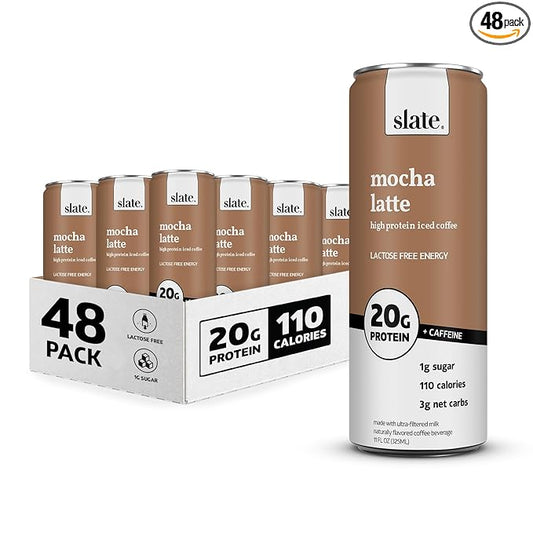 Slate Milk - High Protein Shake, Mocha Latte, 20g Protein, 0g Added Sugar, 175mg Caffeine, Lactose Free, Keto, All Natural (11 oz, 48-Pack)