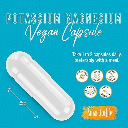 SMART FOR LIFE Potassium Magnesium Supplement – High Absorption Magnesium Complex – 60 Vegan Capsules - Magnesium and Potassium Supplement for Vascular Health, Magnesium for Leg Cramps and Sleep