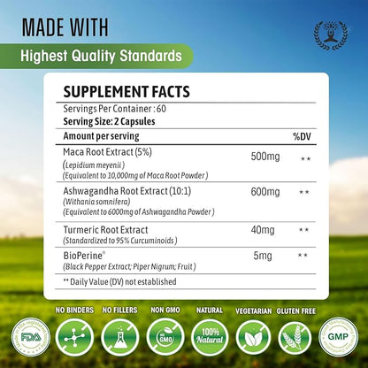 Maca Root 10,000 mg, Ashwagandha 6000mg 120 Capsules