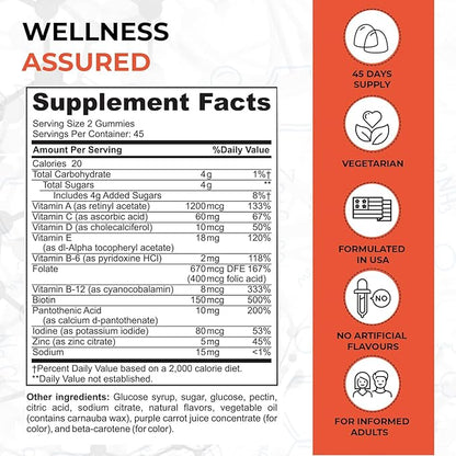 Adult Multivitamin Gummies - Easy-to-Chew Gummies with Essential Vitamins A, B6, B12, C, D, E, Folic Acid, Biotin, Iodine, and Zinc - Delicious and Convenient Daily Nutrition - 90 Gummies