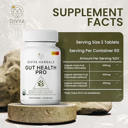 Gut Health Pro - Detox, Digestive Health, Gas & Bloating Relief - Constipation Support - Immune Boost - Organic Triphala Supplement - for Women & Men - Uncoated Vegan Tablets - 60 Svgs