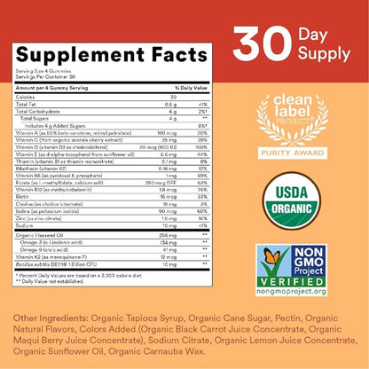 SmartyPants Organic Kids Multivitamin Gummies: Probiotics, 3 (ALA), D3, C, B12, B6, B6, Vitamin 120 Count (30 Day