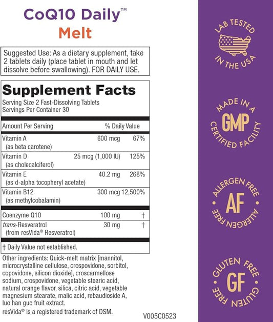 Purity Products CoQ10 Daily with Resveratrol 100mg CoQ10-30mg CoQ10-30mg Trans-Resveratrol D3, E, B12 (as 60 Fast