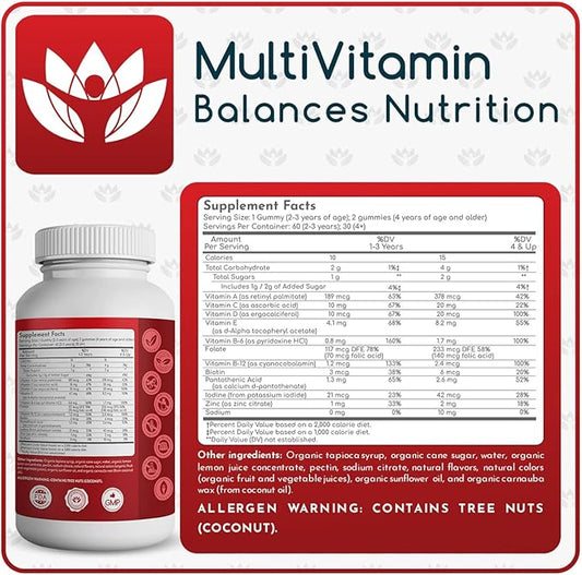 Organic Gummy MultiVitamins, Blend of 11 Essential Nutrients, for Kids and Adults, Vegan, 60 Count; Assorted Strawberry, Lemon, Orange Flavors