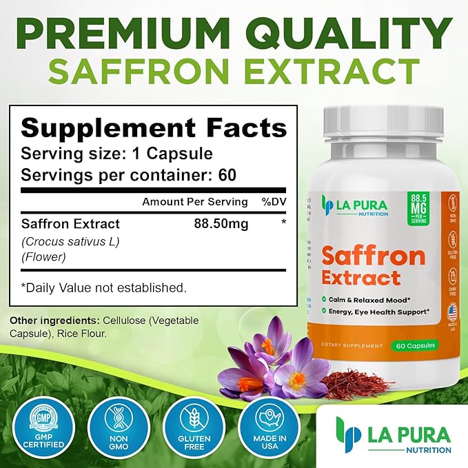 Pure Saffron Extract 88.5 mg Supplement, 60 Capsules