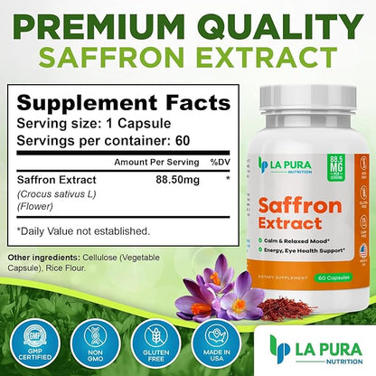 Pure Saffron Extract 88.5 mg Supplement, 60 Capsules