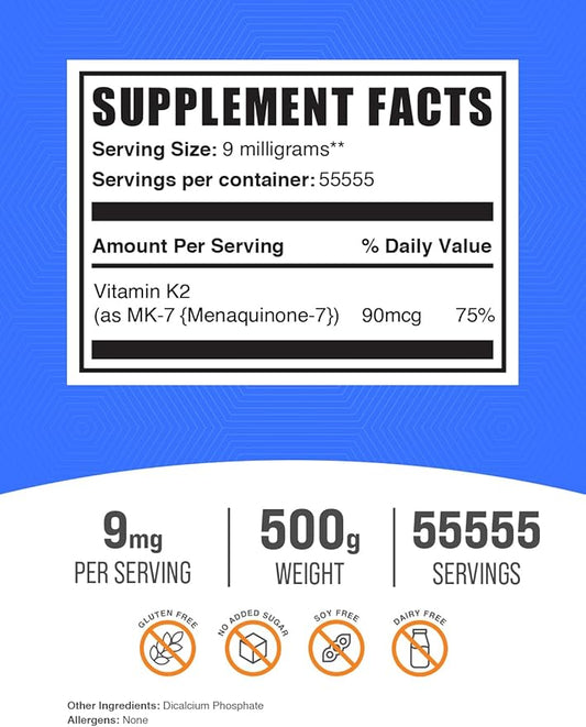 BulkSupplements.com Vitamin K2 Powder - Vitamin K2 MK-7, as Menaquinone Powder - K2 Vitamin Supplement for Wellness, Gluten Free, 9mg per Serving, 500g (1.1 lbs) (Pack of 1)
