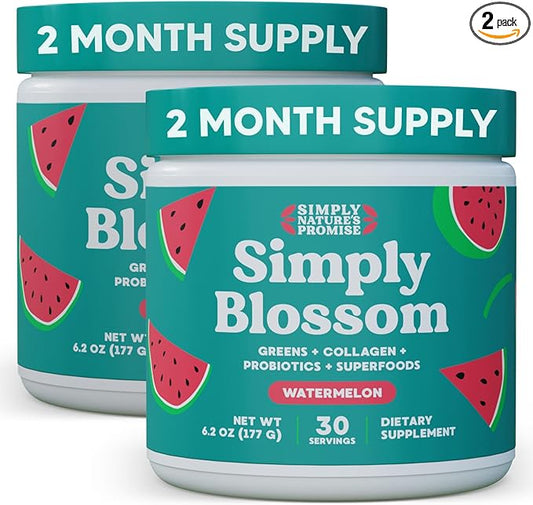 Simply Blossom Nutrition Daily Greens & Superfood Powder + Collagen + Probiotics for Women's Digestive Health & Bloating Relief. Help Your Health Bloom - 2 Month Supply - Watermelon