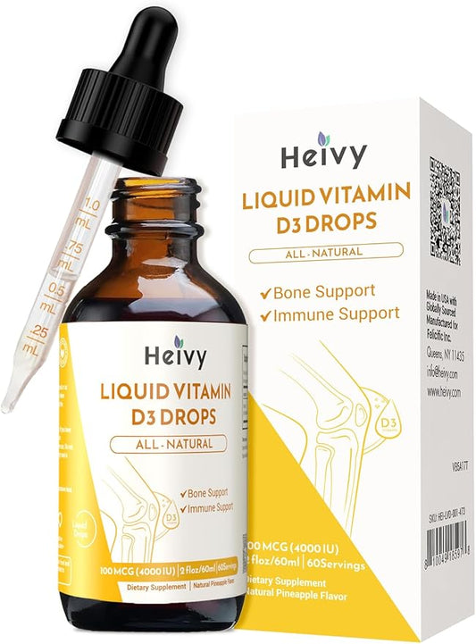 Liquid Vitamin D Drops 4000 IU (100 mcg), Vitamin D3 for Bone Health Support, Pineapple Flavor Vegan VIT D3 Drops, Made in USA, 60 Servings 2 Fl Oz (60ml)