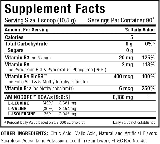 ALLMAX AMINOCORE BCAA, Fruit Punch - 945 g Powder - 8.18 Grams of BCAAs Per Serving - with B Vitamins - No Fillers or Non-BCAA Aminos - Sugar Free - 90 Servings
