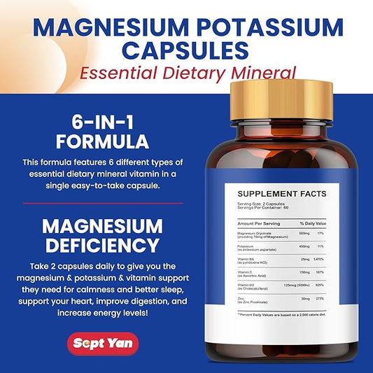 Magnesium Glycinate Capsules 500 mg - Magnesium Supplement with Potassium, Zinc, Vitamin C, D3, B6 - Support Proper Sleep & Rest - Maintain Muscle & Heart Health - 120 ct Easy to Swallow Vegan Pills
