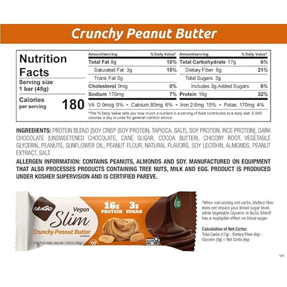 NuGo Slim 24ct Variety - Crunchy Peanut Butter 12 bars & Brownie Crunch 12 bars, 16g Protein, Keto Friendly, Gluten Free, 24 count