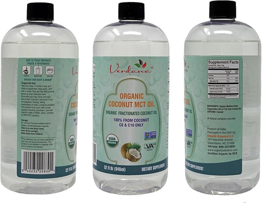 Verdana USDA Certified Organic Coconut MCT Oil –Fractionated Coconut Oil – No Palm Kernel Used – Kosher, Food Grade, Non-GMO – Great for Keto and Paleo Diets, Oil Pulling Rinse Mouthwash – 32 Fl Oz