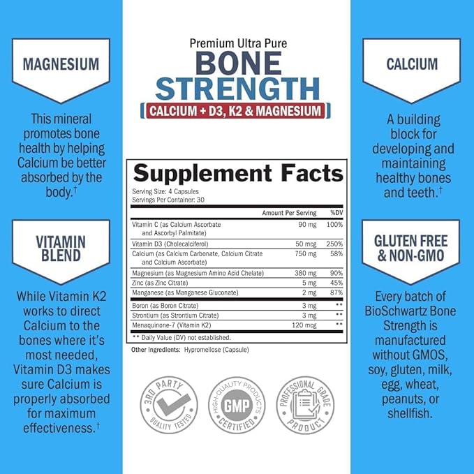 Bone Strength Calcium Supplement D3, K2, K2, C, 8 Bone-Building 120 Veggie