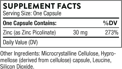 Thorne Zinc Picolinate 30 mg - Well-Absorbed Zinc Supplement for Growth and Immune Function - 180 Capsules