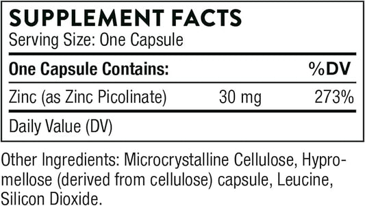 Thorne Zinc Picolinate 30 mg - Well-Absorbed Zinc Supplement for Growth and Immune Function - 180 Capsules