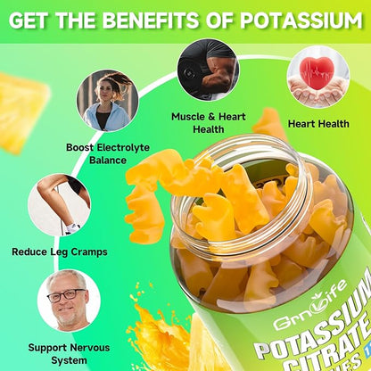 Potassium Citrate Gummies, High Potassium Supplement Gummies 1200mg Support Leg Cramps & Muscle Health, Potassium Gummies for Adults & Kids, Vegan, Pineapple Flavor 60 Count