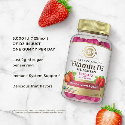 Solgar Vitamin D3 Gummies for Adults 5,000IU Ultra Potency Vitamin Immune System Support for Women & Men - Tasty Strawberry Flavor, Gluten & Gelatin Free Gummy, 2 Month Supply, 60 Servings, 2g Sugar