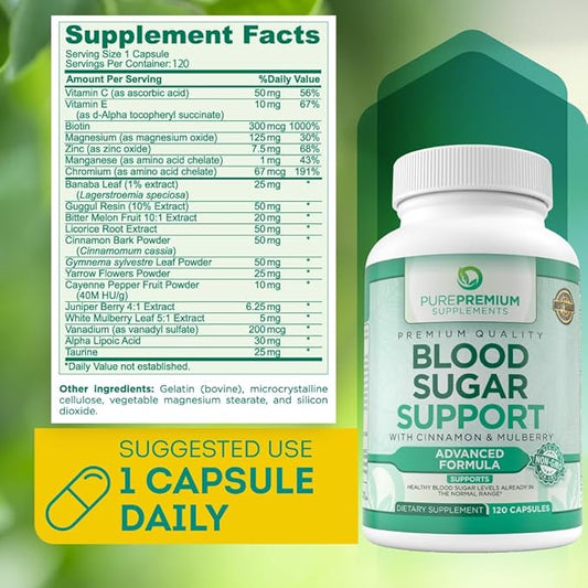 PurePremium Blood Sugar Support Supplement 120 Count
