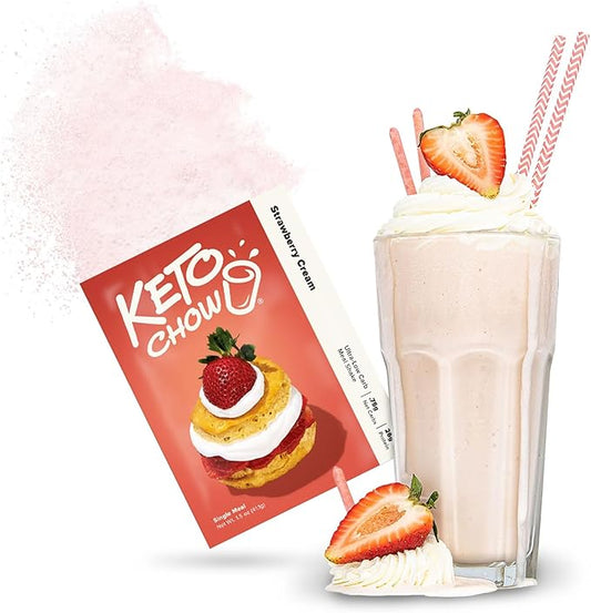 Keto Chow Strawberry Cream - Keto Meal Replacement Shake Powder - Nutritionally Complete - Low Carb - Delicious Easy Meal Substitute - Protein Rich You Choose The Fat - Single Meal Sample