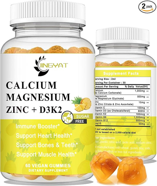 (2 Pack) Calcium Magnesium Zinc Gummies D3, Vitamin K2, High 500mg, Coq10 Coq10 -