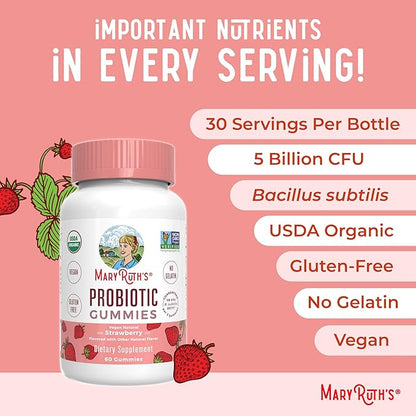 MaryRuth Organics USDA Organic Probiotic Gummies |Probiotics forWomen & Men Digestive Health & Gut Comfort Supplement 5 Billion CFU | Immune & Digestive Support | Vegan | Non-GMO | 60 Count