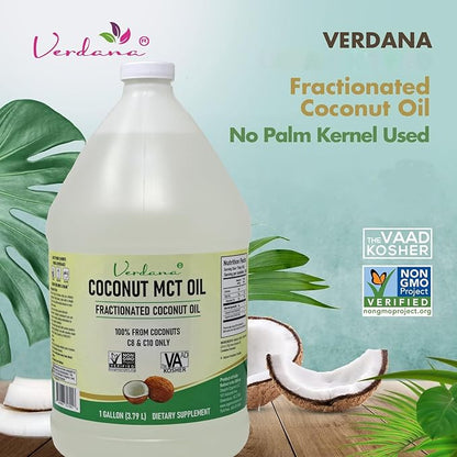 Verdana Coconut MCT Oil, Fractionated, Genuine 100% Coconut Derived, Kosher Food Grade, Vegan, NON-GMO, Great for Keto and Paleo Diet, Ayurvedic Oil Pulling Oral Rinse Mouthwash (1 Gallon)