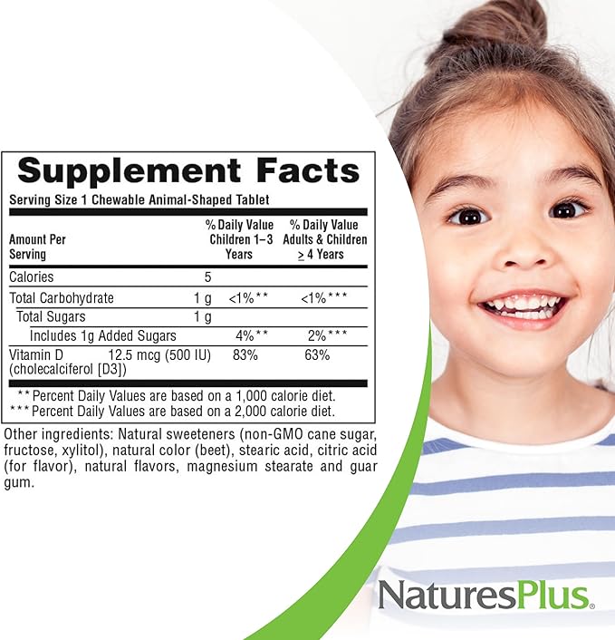 Natures Plus Animal Parade Vitamin D3 Children’s Chewables - Black Cherry Flavor - 90 Animal-Shaped Tablets, Pack of 2 - Gluten Free, Vegetarian, Hypoallergenic - 180 Total Servings