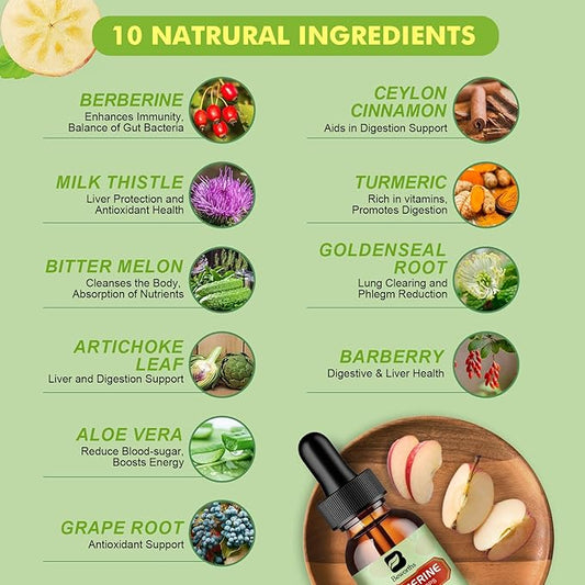 Berberine HCL Supplement with Ceylon Cinnamon - Berberine Liquid Drops with Turmeric, Ceylon Cinnamon, Bitter Melon, Milk Thistle, Berberine Veggie Supplement for Digestion System Support