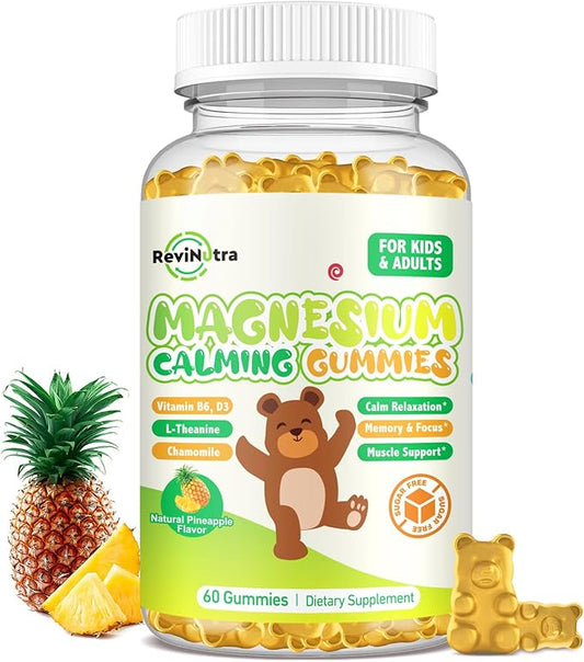 Magnesium Gummies for Kids - Magnesium Glycinate, L-Threonate Supplement with L-Theanine, Vitamin B6, D3 for Adults & Kids, Calm Magnesium for Sleep, Relaxation, Brain, Bones,Sugar Free Pineapple 60ct