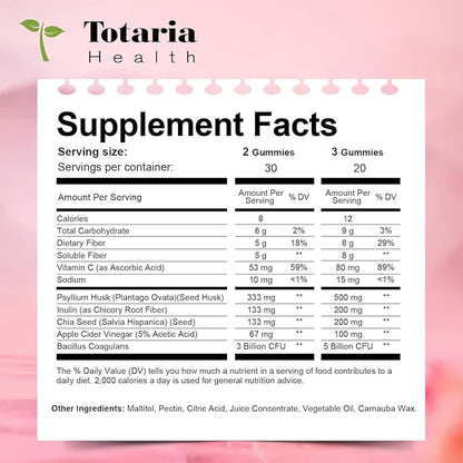 9-in-1 Probiotic Fiber Gummies for Adults & Teens 16G Fiber per Serving, Psyllium Fiber Supplement with 5 Billion CFU Bacillus Coagulans, Inulin, ACV for Digestive, Gut & Immune Wellness - 2 Bottles