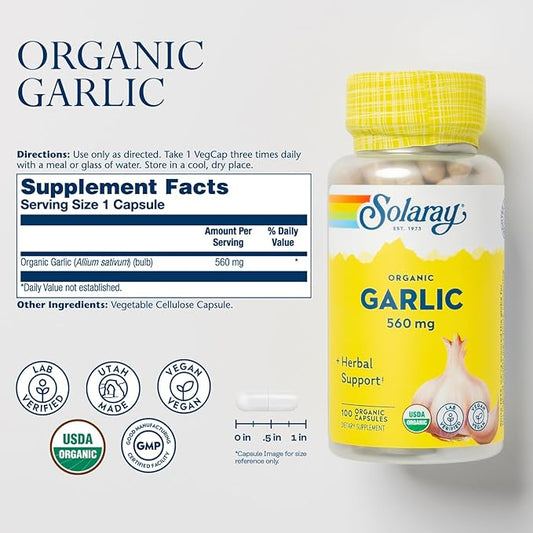 Solaray Organic Garlic Pills 560 mg 60-Day Money-Back 100 Servings, 100 VegCaps
