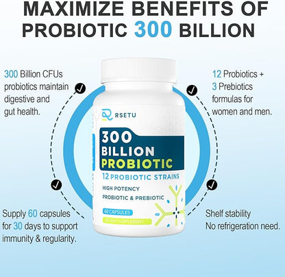 Probiotics for Women & Men - 300 Billion CFU Probiotic, 12 Strains Probiotics + 3 Organic Prebiotics, Daily Probiotics for Digestive Health, Gut, Immune, Constipation, Diarrhea, Bloating - 120 capsule