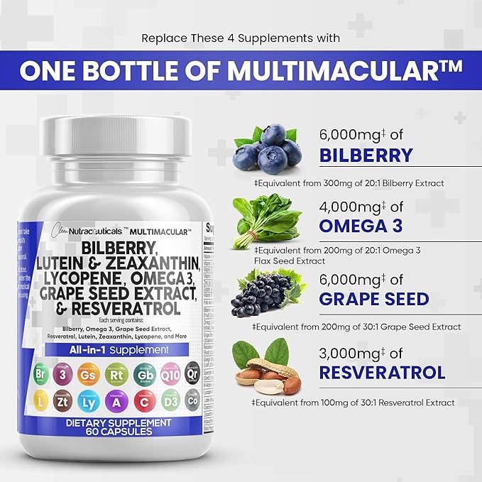 Eye Health Vitamins with Bilberry 6000mg 40mg Lycopene 40mg Resveratrol 3000mg Grape 6000mg Omega 3 4000mg 4000mg Astaxanthin 60 Capsules