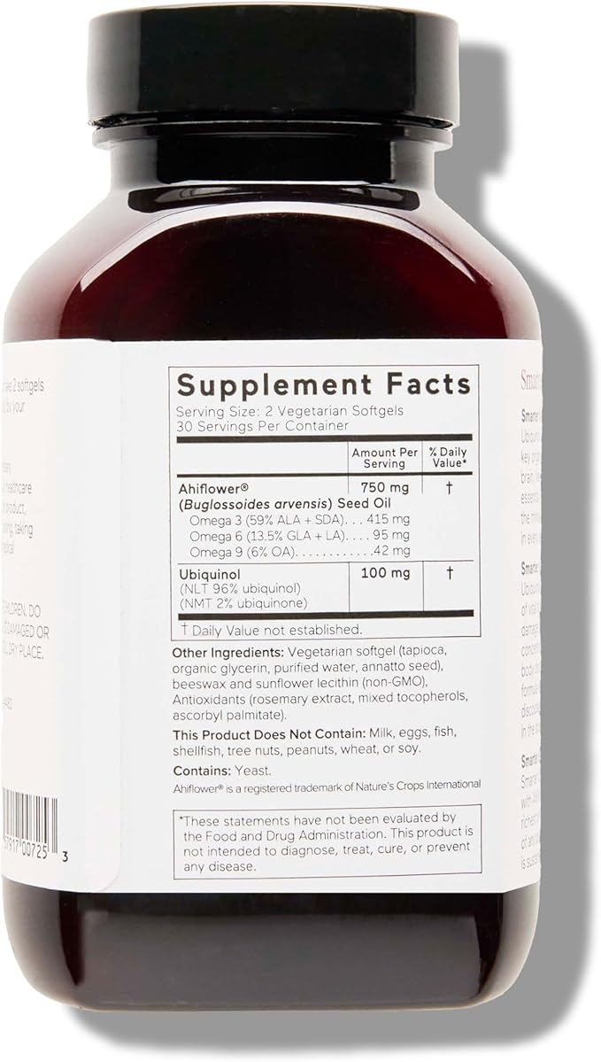Smarter Nutrition CoQ10 Ubiquinol - Vegetarian CoQ10 for Heart Health Support - Enhanced Absorption with Omega 3 Ahiflower Oil - Soy Free, Non-GMO, Vegetarian Softgels - 3 Pack, 90 Servings