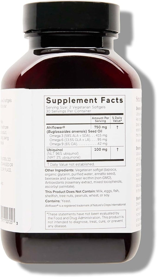 Smarter Nutrition CoQ10 Ubiquinol - Vegetarian CoQ10 for Heart Health Support - Enhanced Absorption with Omega 3 Ahiflower Oil - Soy Free, Non-GMO, Vegetarian Softgels - 3 Pack, 90 Servings