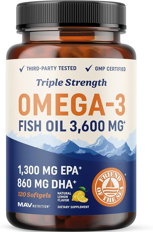 Triple Strength Omega 3 Fish Oil 3600 mg 2100mg of 3 Fatty 1300mg EPA 860mg DHA (120 Ct)