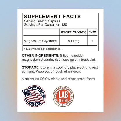 Magnesium Glycinate 500mg Supplement Capsules, Chelated 120 Veggie