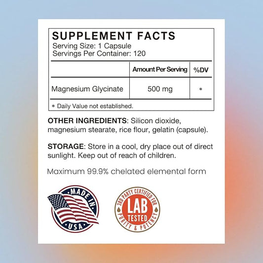 Magnesium Glycinate 500mg Supplement Capsules, Chelated 120 Veggie