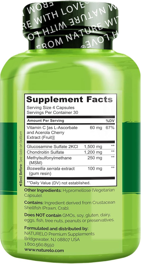 NATURELO Glucosamine Chondroitin MSM with Boswellia and Vitamin C - Supplement for Joint Comfort, Mobility, and Strength - Twin Pack - 240 Capsules