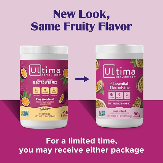 Ultima Replenisher Daily Electrolyte Powder Drink Mix – Passionfruit, 90 Servings – Hydration Powder with 6 Key Electrolytes and Trace Minerals – Keto Friendly, Non-GMO and Sugar-Free