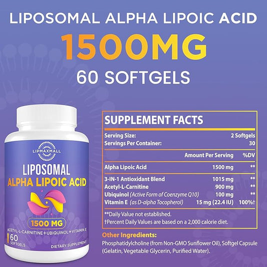 Liposomal Alpha Lipoic Acid 1500mg 900mg & 100mg & 15mg，ALA Supplement 60 Softgels