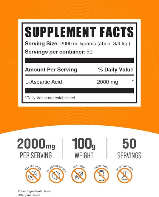 BulkSupplements.com L-Aspartic Acid Powder - Aspartic Acid Supplement, Amino Acids Supplement for Energy Support - Gluten Free, 2000mg per Serving, 100g (3.5 oz) (Pack of 1)