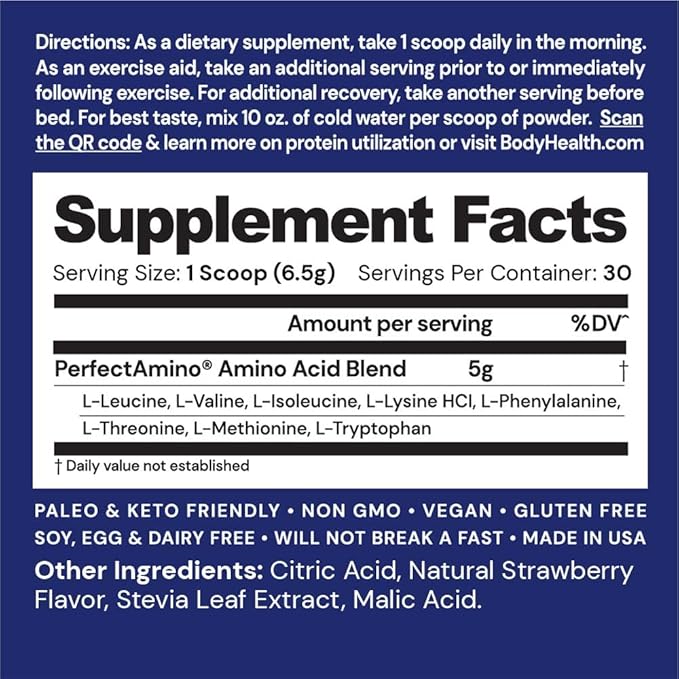 BodyHealth PerfectAmino Powder - BCAA and EAA Powder for Pre and Post Workout - Amino Acid Energy Drink Powder for Men and Women to Support Lean Muscle and Recovery - Strawberry - 30 Servings