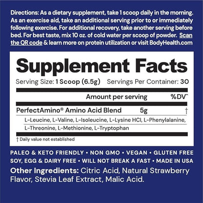 BodyHealth PerfectAmino Powder - BCAA and EAA Powder for Pre and Post Workout - Amino Acid Energy Drink Powder for Men and Women to Support Lean Muscle and Recovery - Strawberry - 30 Servings