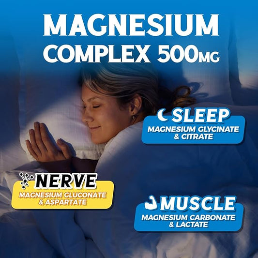 Magnesium Complex 500mg, 6 in 1 Chelated Magnesium Glycinate, Citrate, Aspartate, Gluconate, Carbonate & Lactate, Max Absorption Supplement for Sleep, Calm & Muscle, 120 Vegan Caps, No Magnesium Oxide