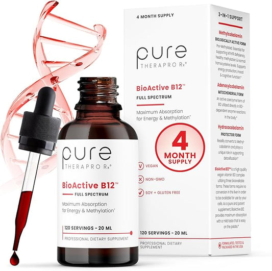 BioActive B12 Full Spectrum Vegan Methylated Vitamin B12 Sublingual Liquid Methylcobalamin, Hydroxocobalamin & Adenosylcobalamin 1,000 mcg per Drop (5 Drops = 5,000mcg / 4 Month Supply) 20 ml
