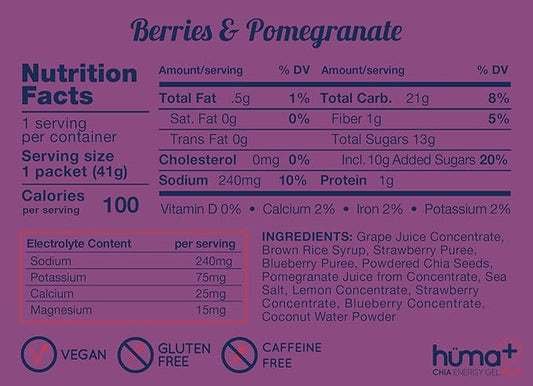 Huma Plus (Double Electrolytes) - Chia Energy Gel, Berries & Pomegranate, 12 Gels - Stomach Friendly, Real Food Energy Gels