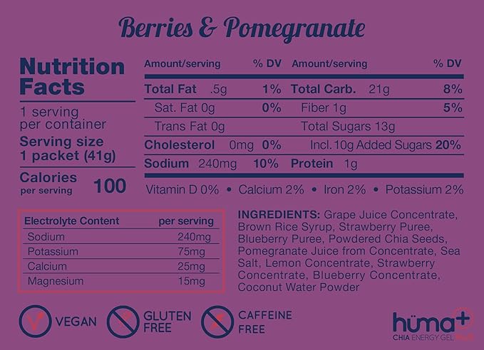 Huma Plus (Double Electrolytes) - Chia Energy Gel, Berries & Pomegranate, 24 Gels - Stomach Friendly, Real Food Energy Gels
